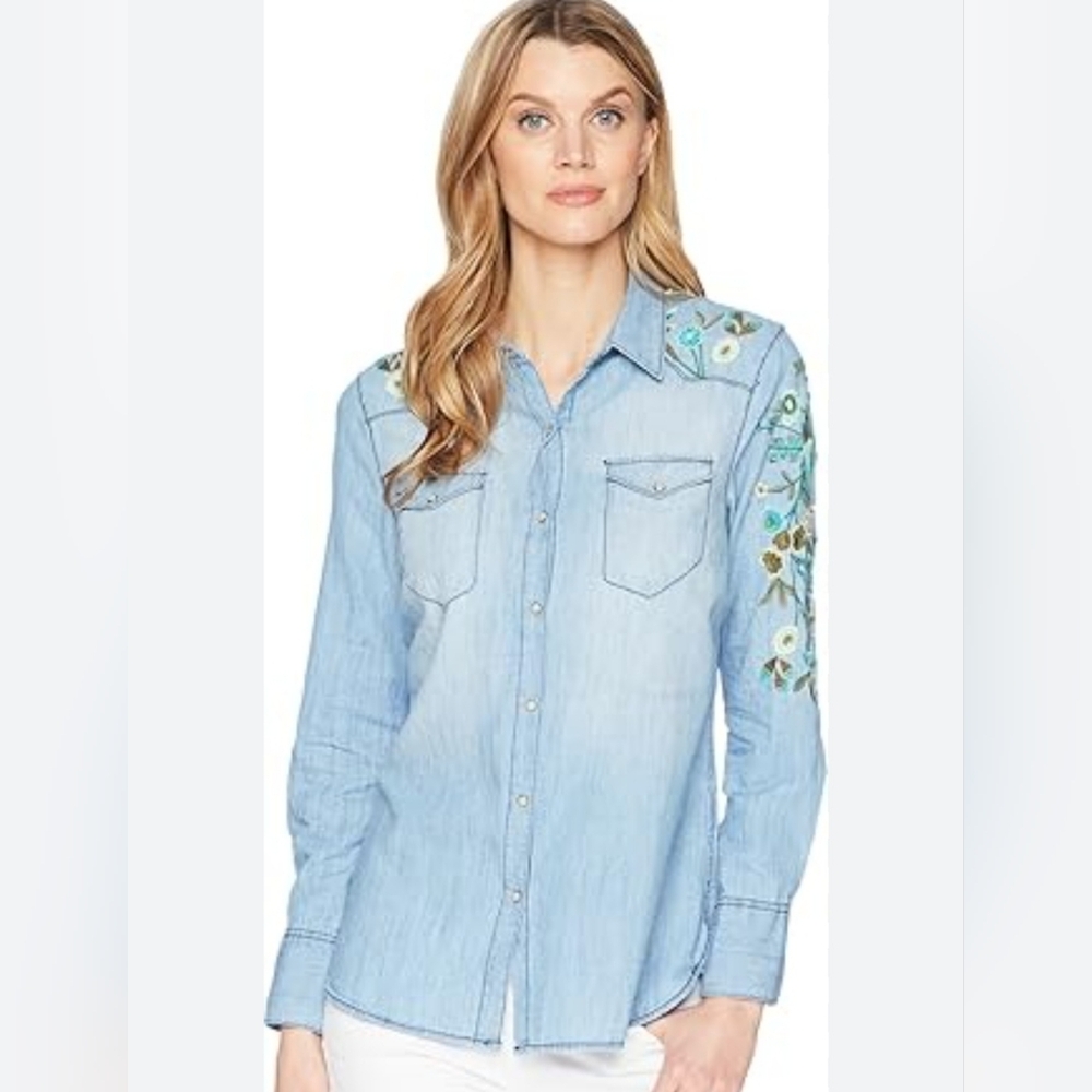 Tribal Jeans 100% Cotton Denim Shirt Floral Embroidery Long Sleeve, Women Size M